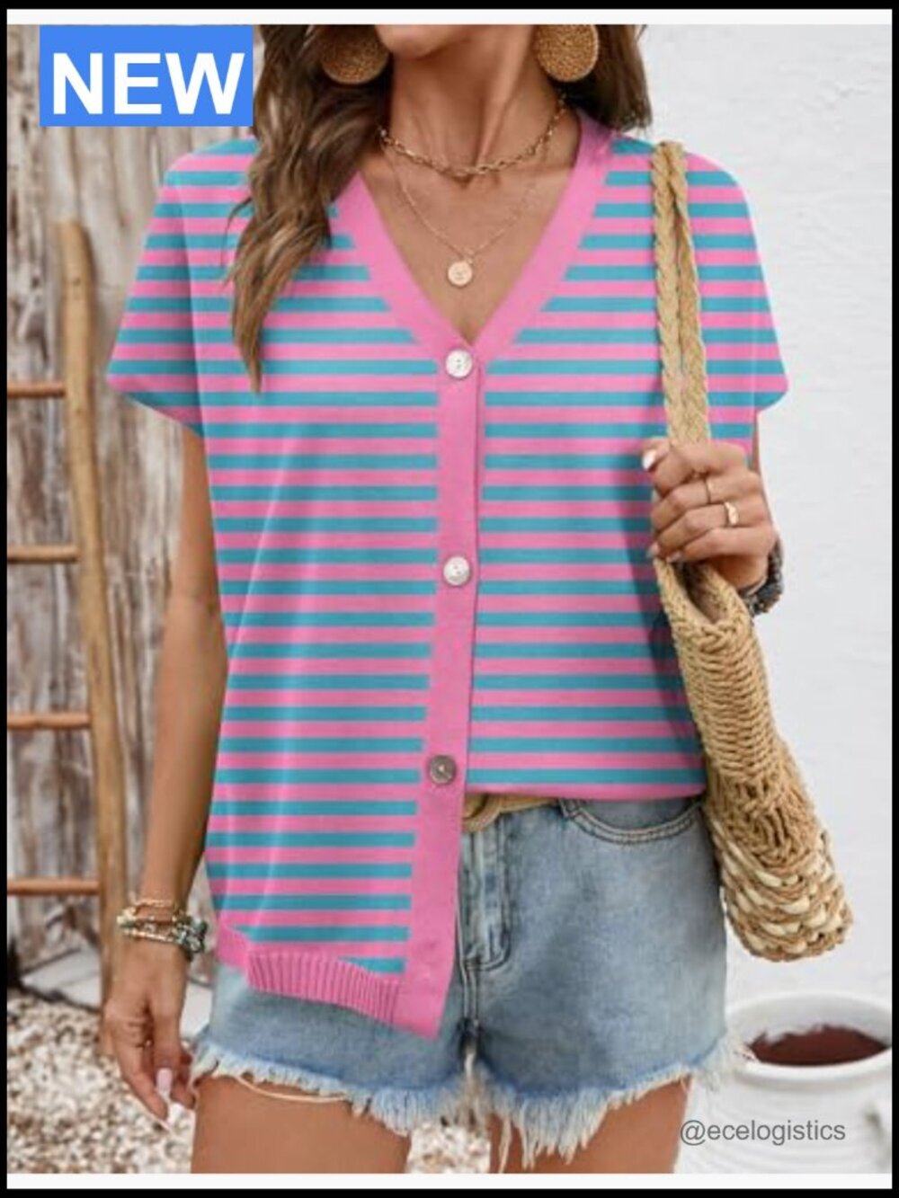 Oversized V-Neck Short Sleeve Button Cardigan Lightweight Knit - Picture 3 of 7